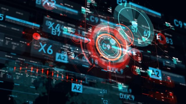 Target pointer and Futuristic user interface HUD GUI digital text number element for cyber technology concept with shallow depth of field dark and grain processed