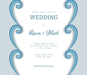 Cutout paper frame with wavy border ornament, elegant wedding invitation or save the date card template