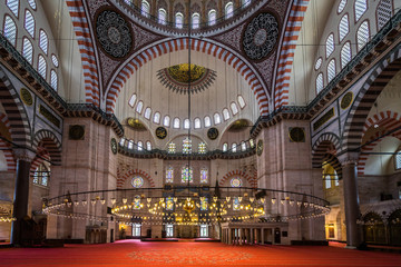 The beautiful interior of Suleymaniye Mosque, the second largest mosque in Istanbul, built in 1550, Istanbul, Turkey