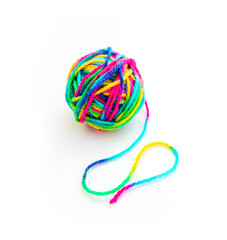 Colorful threat in a ball of yarn, end of thread, isolated on white background. Handicraft knitting concept.
