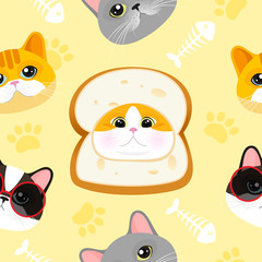 Cat seamless pattern vector illustration. lovely cat bread with friends on yellow background.