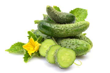 Fresh cucumbers on a white background