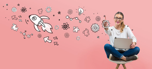 Rocket illustration with young woman using her laptop