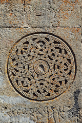 Detail from facade of Gergeti Trinity Church in Georgia
