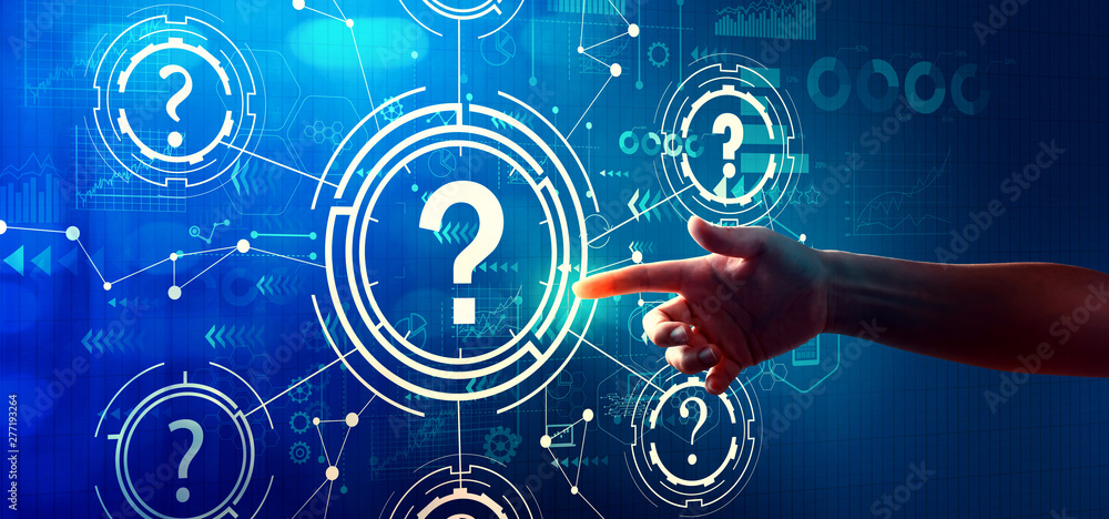Aufkleber question marks with hand pressing a button on a technology screen