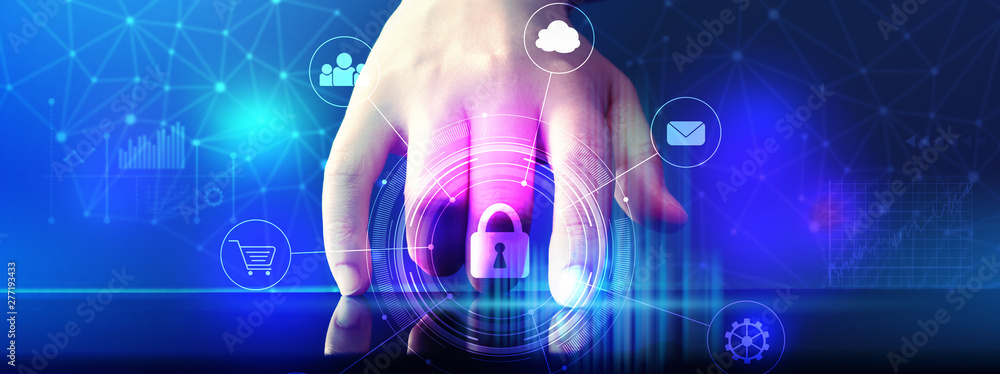 Poster cyber security theme with hand pressing tablet computer screen