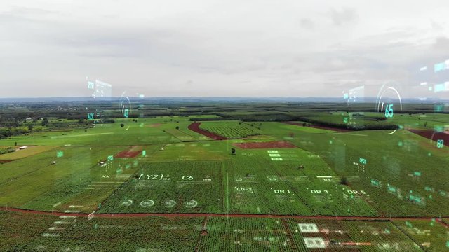 Drone shot flying aerial view with User interface text graph bar and target pointer element futuristic and cyber technology 