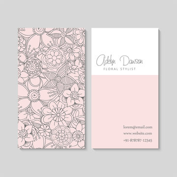 Set of business card with zentangle hand drawn flowers. Template