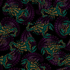 Seamless pattern with scorpions, made in the ethnic style. Tattoo, astrology, alchemy, boho and...