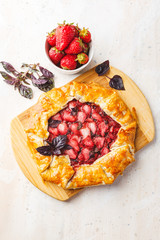 Summer strawberry pie cake galette. Top view