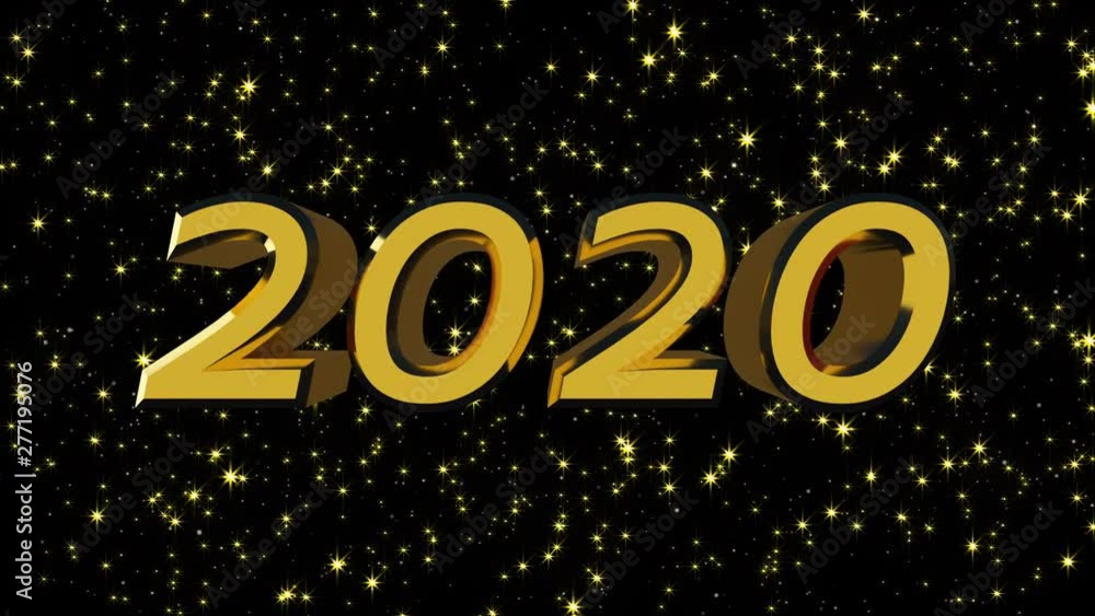 Poster golden shiny text 2020 with many stars, modern background for new year holidays, 3d rendering comput