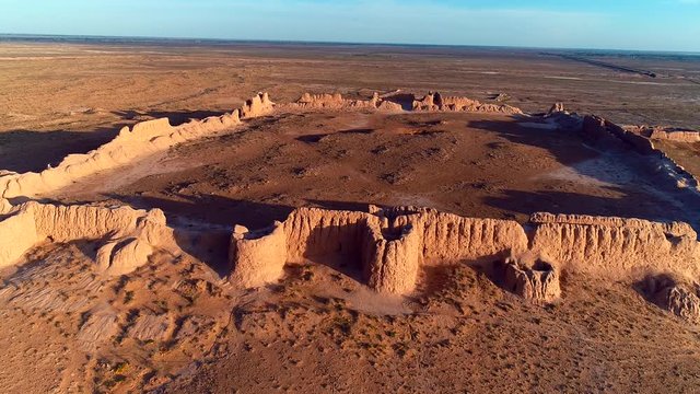 Desert landscape. Ayaz-Kala fortress the most popular and picturesque fortress in the country . Nukus, Karakalpakstan, Uzbekistan, Kyzylkum Desert, Central Asia.