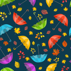 Vector seamless pattern, texture with colorful umbrellas and leaves. Autumn design. Cartoon, cute print.