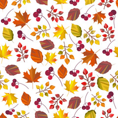 Fototapeta na wymiar Vector seamless pattern,print,texture,background with autumn leaves and berries. Autumn colors. Fall design