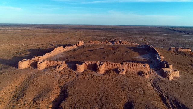 Desert landscape. Ayaz-Kala fortress the most popular and picturesque fortress in the country . Nukus, Karakalpakstan, Uzbekistan, Kyzylkum Desert, Central Asia.
