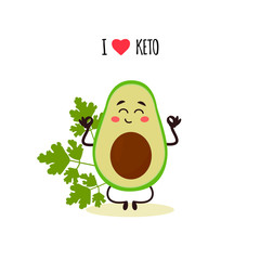Cute kawaii avocado for icon or logo. I love keto. Simple vector illustration  can be used for sticker, patch, phone case, poster, t-shirt, mug and other design