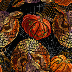 Embroidery owl, pumpkin and golden cage seamless pattern. Magic template for clothes, t-shirt design. Beautiful classical halloween background
