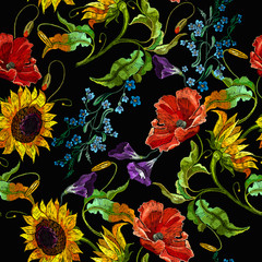 Fototapety  Embroidery sunflowers, violet flowers and red poppies seamless pattern. Fashion template for clothes, tapestry, t-shirt design