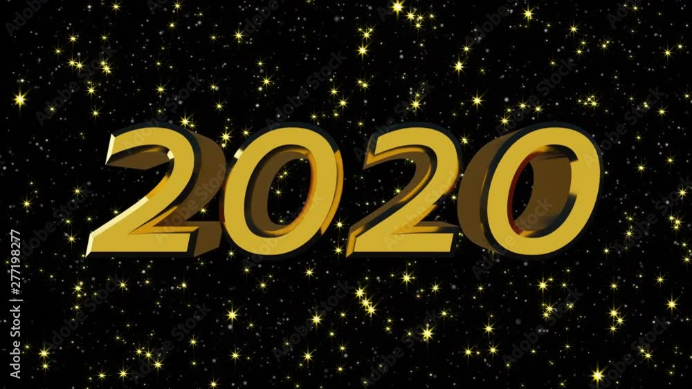 Poster golden shiny text 2020 with many stars, modern background for new year holidays, 3d rendering comput
