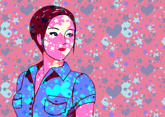 Vector. Young asian teen girl , neon light pink background, night club.