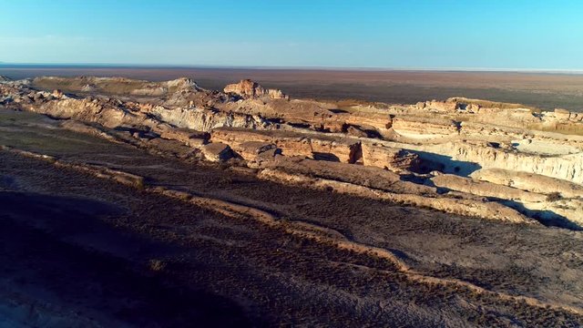 Panorama view to saline Barsa Kelmes lake and Ustyurt plateau at Karakalpakstan, Uzbekistan.