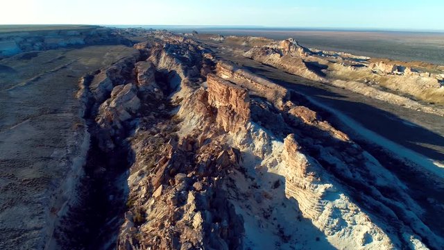 Panorama view to saline Barsa Kelmes lake and Ustyurt plateau at Karakalpakstan, Uzbekistan.
