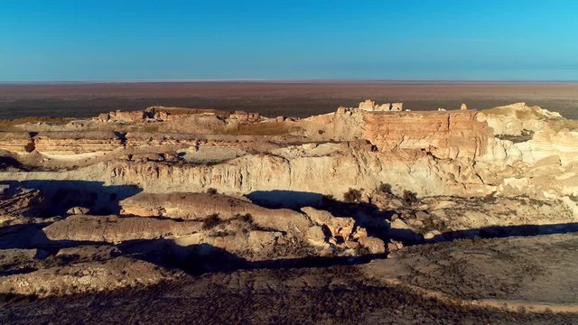 Panorama view to saline Barsa Kelmes lake and Ustyurt plateau at Karakalpakstan, Uzbekistan.