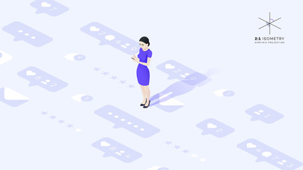 Beautiful young business lady is communicating with your phone. SMM concept.