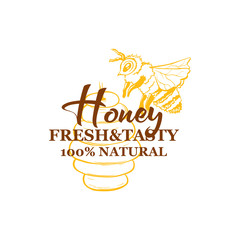 Honey Sketches Logo, Bee Hive, Honey Jar, Barrel, Pot, Spoon and Flower Hand Drawn Organic Products for Logotype. Outline Isolated Vector Template for Brand Identity with Lettering.
