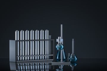 Chemical instruments and reagents in the lab, 3d rendering