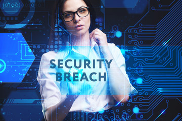 The concept of business, technology, the Internet and the network. A young entrepreneur working on a virtual screen of the future and sees the inscription: Security breach