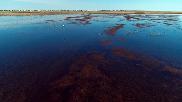 Aerial Panorama view to saline Barsa Kelmes lake and Ustyurt plateau , Karakalpakstan, Uzbekistan.