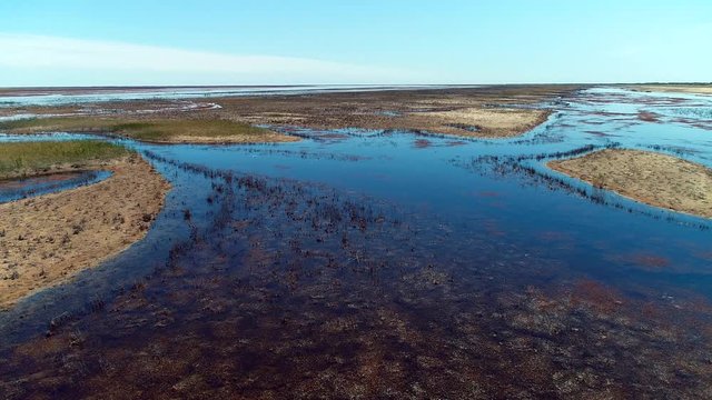 Aerial Panorama view to saline Barsa Kelmes lake and Ustyurt plateau , Karakalpakstan, Uzbekistan.