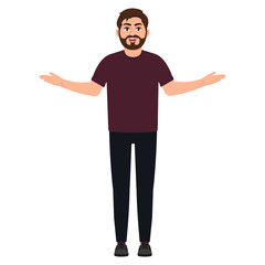 Fototapeta premium Angry bearded man with raised palms up, guy shows gesture of surprise, cartoon character vector illustration