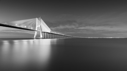 Vasco da Gama concrete bridge at night, Black and White Photo, Lisboa, Portugal
