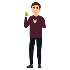 The guy holds a green apple and shows on it a finger, cartoon character vector illustration