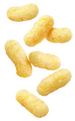 Falling delicious sweet corn sticks, isolated on white background