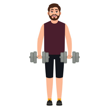 Bearded man holding dumbbells, a guy playing sports, happy active man, cartoon character vector illustration