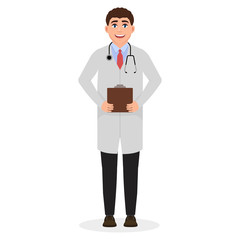Male doctor, young guy in medical coat and stethoscope around his neck, profession, cartoon character vector illustration