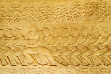 Story of Asura Churning the Ocean of Hinduism Mythology on the Stone Wall Carving inside of Angkor...