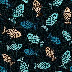 Seamless pattern with hand drawing fish of different sizes. Vector illustration