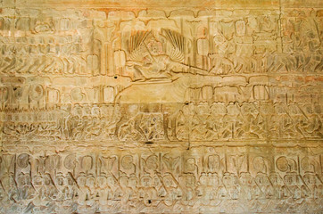 Story of Yama God of Death of Hinduism Mythology on the Stone Wall Carving inside of Angkor Wat at Siem Reap Province, Cambodia.