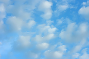 Blue sky background and a lot of white air clouds on a sunny summer day
