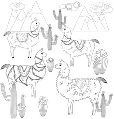 Coloring page of cartoon lama.  illustration, coloring book for kids.