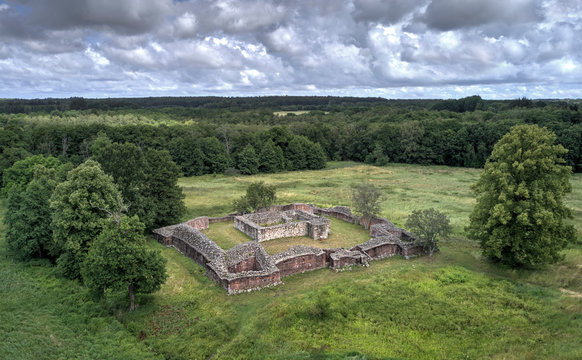 Aerial view of Gurre castle ruins located on Zealand in Denmark