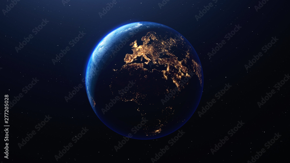 Wall mural earth planet viewed from space at night showing the lights of europe and other countries, 3d render 