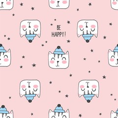 Hand painted seamless pattern with cute kittens. Watercolor bright cartoon cats on the background. Lovely texture.