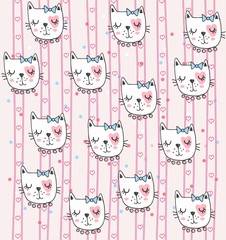 Hand painted pattern with cute kittens. Watercolor bright cartoon cats on the background. Lovely texture.