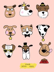 Big kawaii set of doodle cute sweet dogs, sketch characters, hand drawn, illustration drawn with colored crayons and pen, clipart collection, ct's faces with different emotions, emoticons, smileys