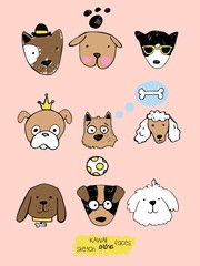 Big kawaii set of doodle cute sweet dogs, sketch characters, hand drawn, illustration drawn with colored crayons and pen, clipart collection, ct's faces with different emotions, emoticons, smileys